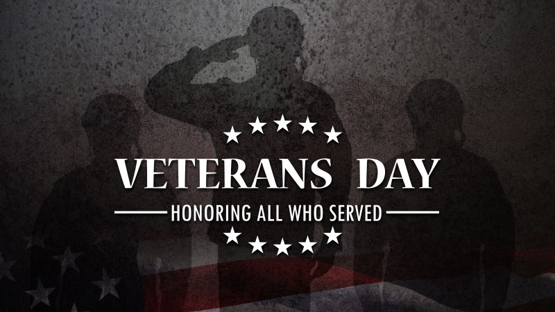 Silhouettes of soldiers saluting with Veterans Day Honoring All Who Served inscription on rusty iron background.